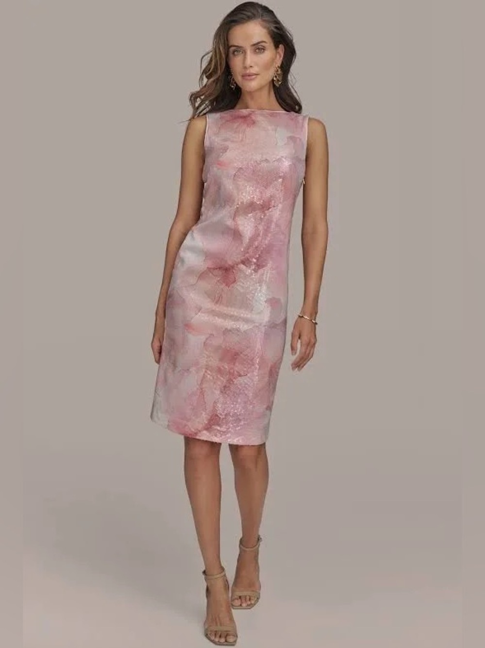 Donna Karan Pink Floral Watercolor Sleeveless Sequin
Sheath Dress